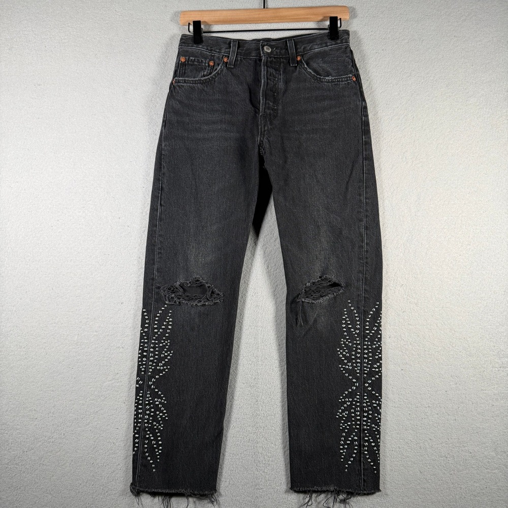 Levis 501 Original Studded Distressed Black Straight Leg Jean W25 L26 36200-0197